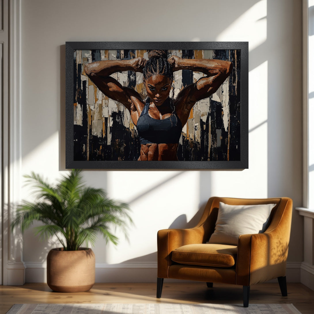 Framed Poster featuring a strong woman in a bold, abstract style. Earthy tones with black and white accents. Perfect for home decor.