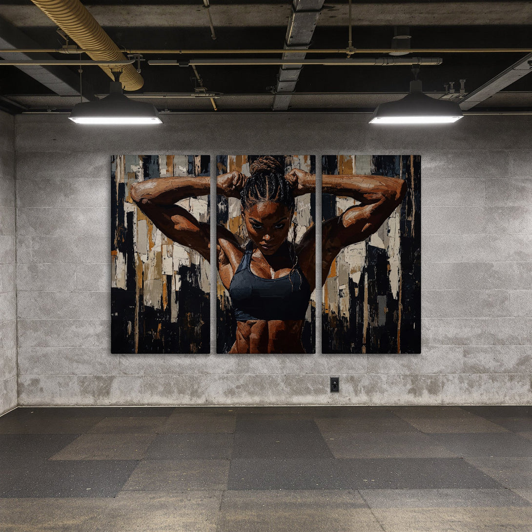 Canvas Print of a strong woman in a gym, abstract art style with neutral and black tones. Perfect for modern decor.