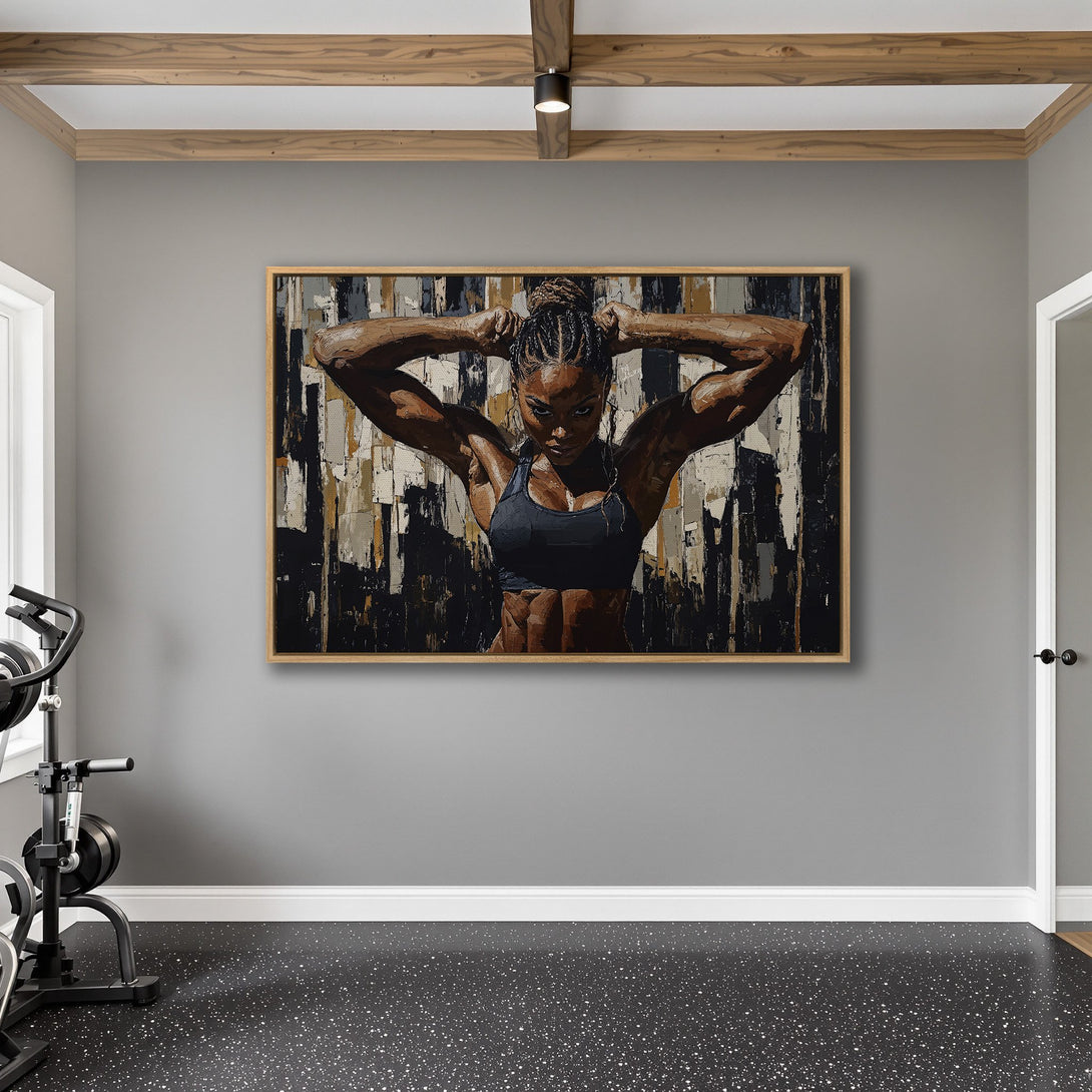 Framed Wall Art: Powerful woman in a gym, abstract style, neutral color palette. Elevate your space with this motivational Canvas Print.