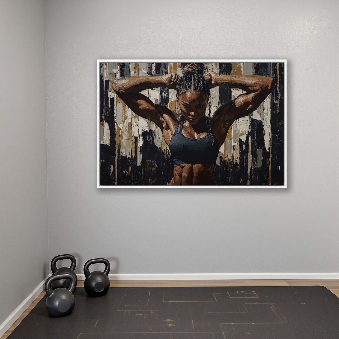 Framed Wall Art: Powerful woman in abstract style, black, brown, and beige palette. Perfect for home gym decor. Canvas Print available.