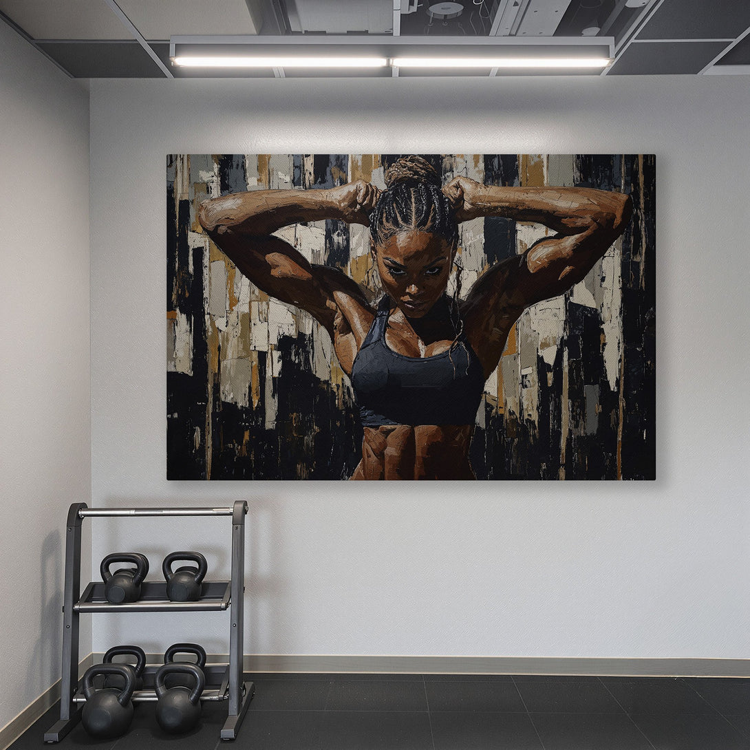 Framed Wall Art of a strong woman in a gym, abstract style with brown, black, and gold tones. Perfect for home gyms and fitness spaces.