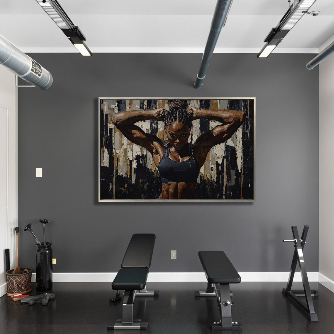 Framed Wall Art: Powerful woman portrait in a gym setting. Abstract style with black, white, and brown color palette. Perfect for home or gym decor.