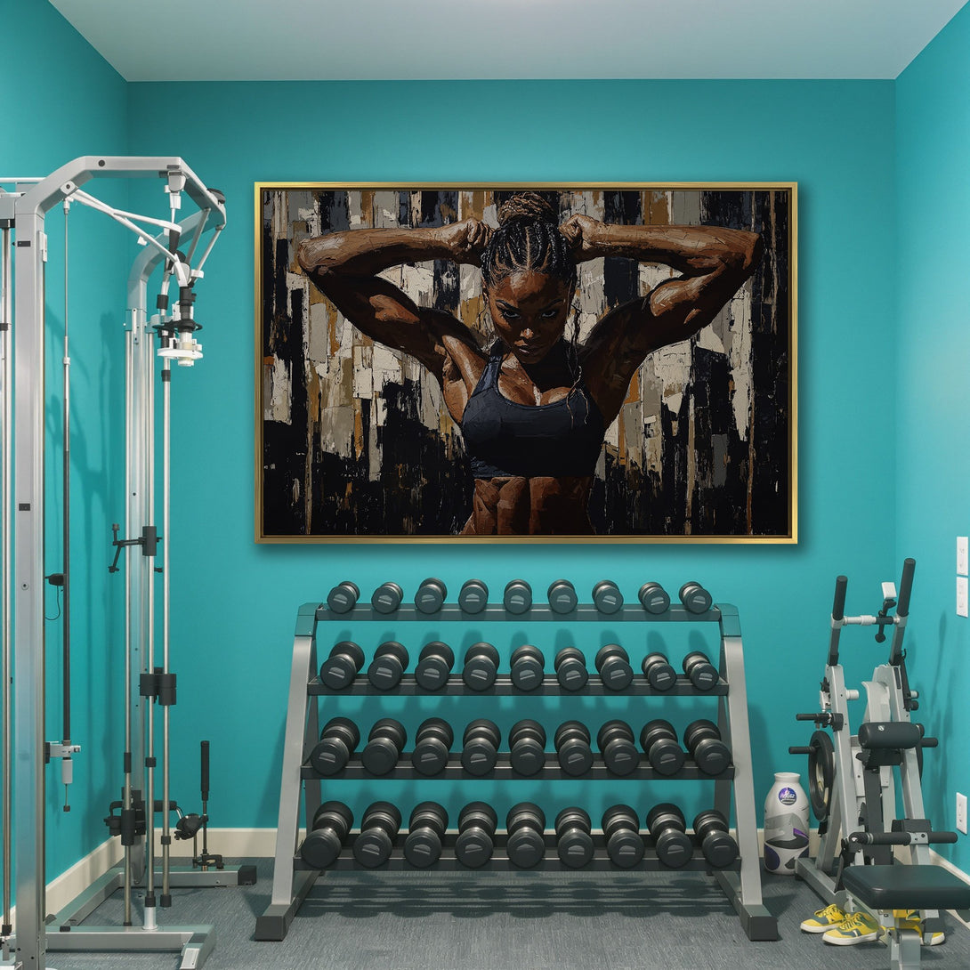 Canvas Print of a powerful woman in a gym, abstract art style. Features a black, brown, and beige color palette. Perfect for modern home decor!