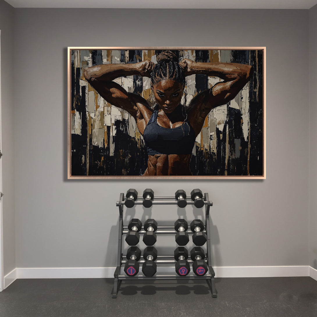 Framed Wall Art: Powerful woman in abstract art style, neutral tones, black, and brown. Perfect for gym decor. Canvas Print available.