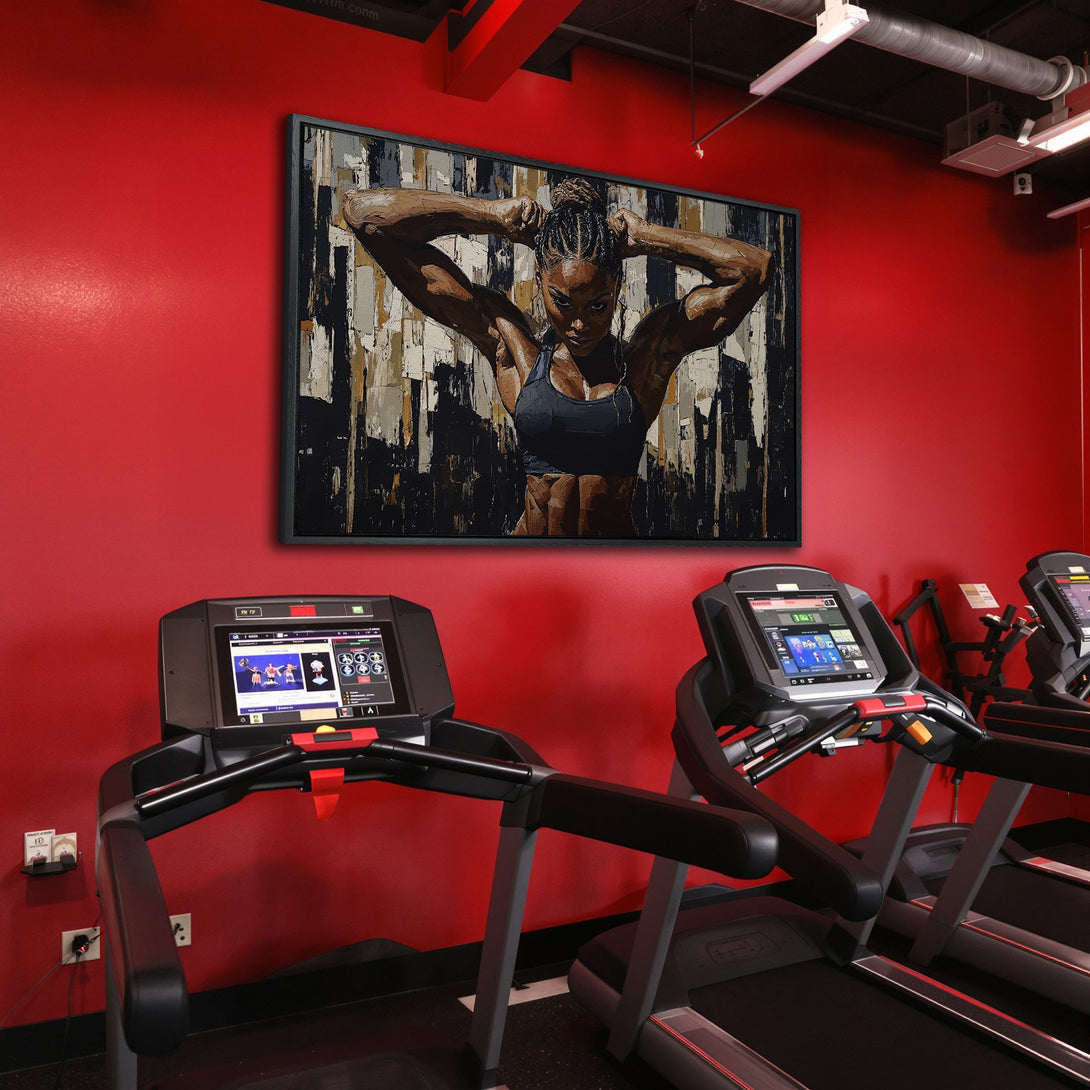 Framed Wall Art: Abstract portrait of a woman in a gym setting. Bold, textured style with a black, white, and tan palette against a red wall.