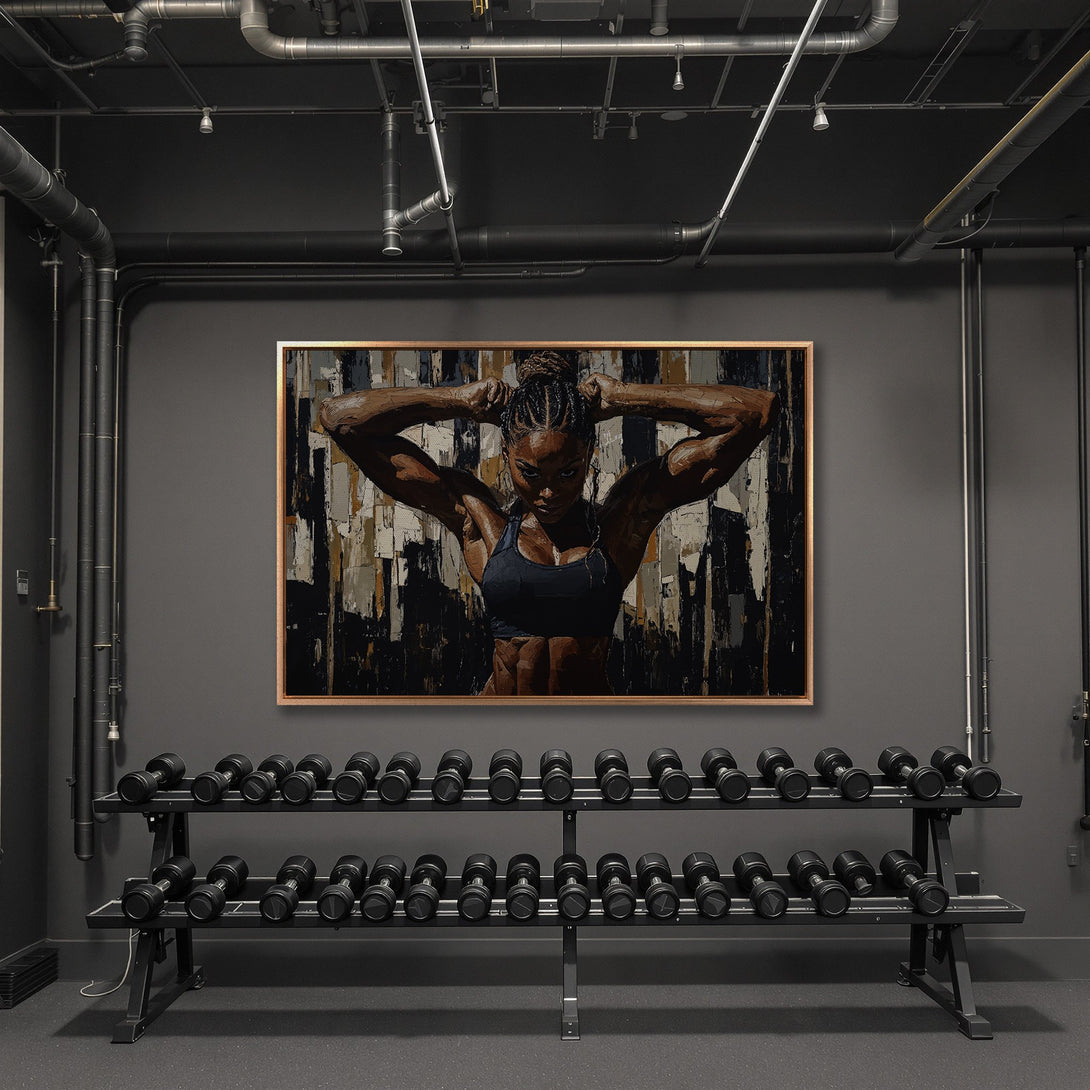 Framed Wall Art: Powerful woman lifting weights, abstract art style, neutral color palette. Perfect for gym decor or fitness studio. Canvas Print available.
