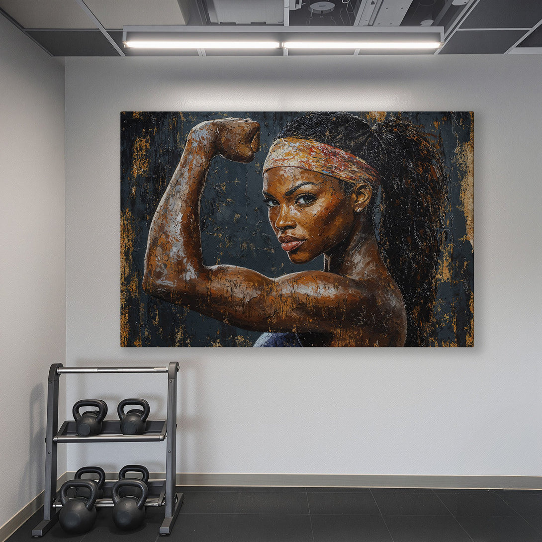 Framed Wall Art: Powerful woman flexing in a gym. Textured, bold art with a warm brown and black palette. Perfect for home decor.