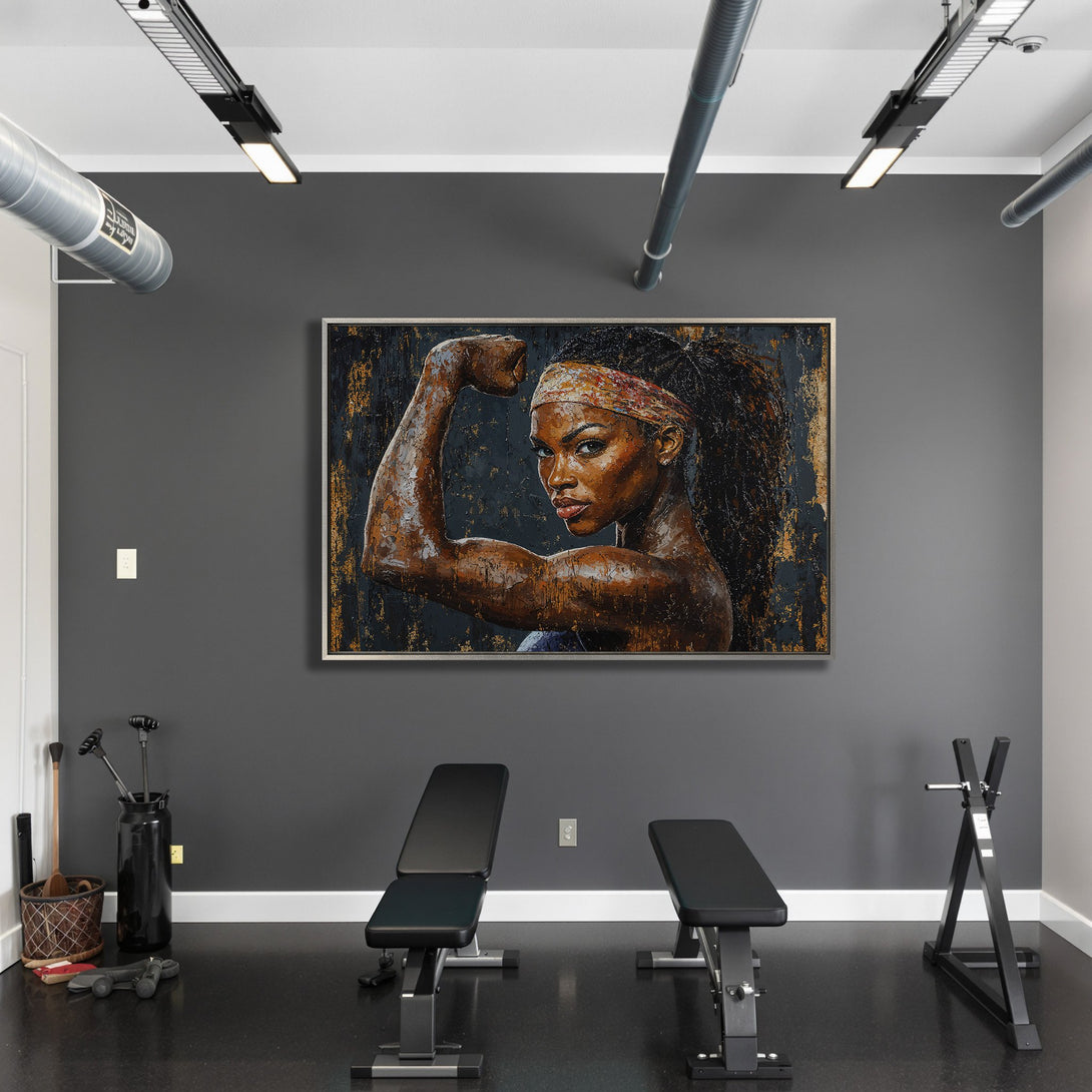 Framed Wall Art: Powerful woman flexing, oil painting style. Earthy tones in a modern gym setting. Add strength and beauty to your space!