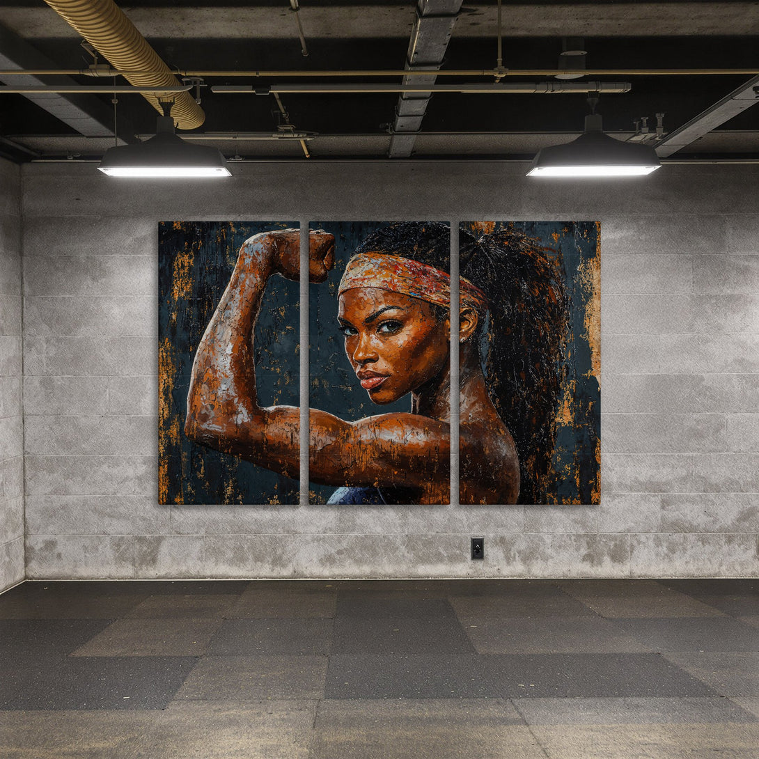 Canvas Print of a strong woman flexing, in a textured, expressive style with dark teal, brown, and gold tones. Inspiring wall art!