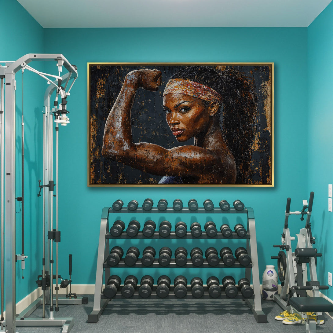 Canvas Print of a strong woman flexing. Bold, textured artwork with a dark blue and gold palette. Perfect for gym or home decor.