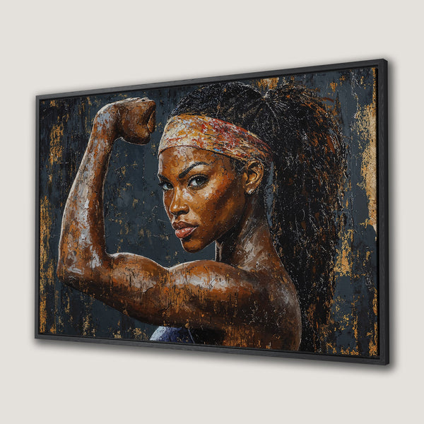 Framed Wall Art: Powerful Black woman portrait in textured, expressive style. Earthy tones with gold accents on a dark background. Elevate your space!