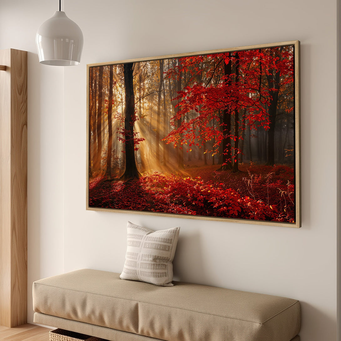 Framed Wall Art of a vibrant autumn forest scene. Warm red, orange, and gold hues create a stunning landscape. Perfect for adding natural beauty to your home.