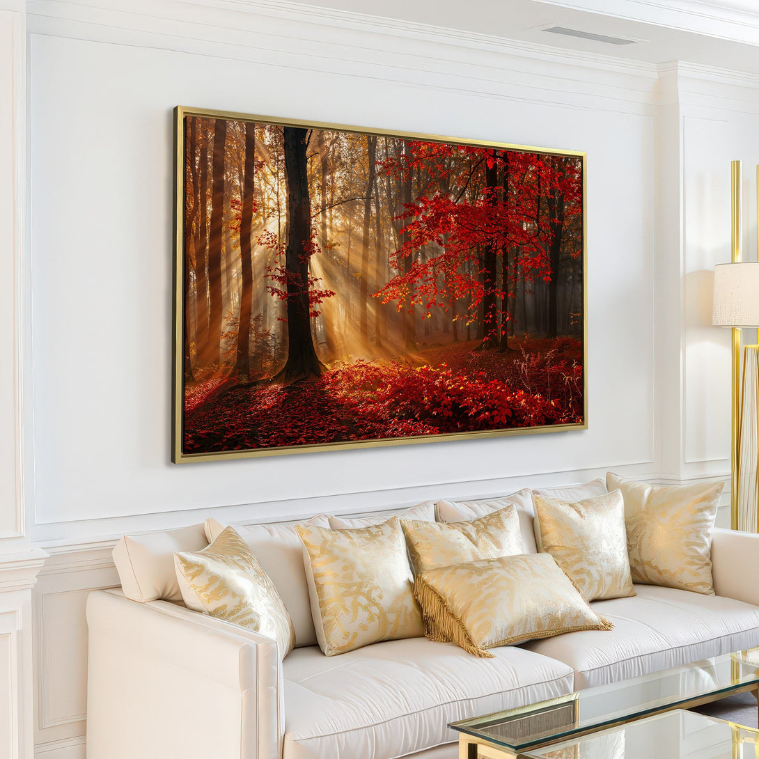 Canvas Print of a vibrant autumn forest scene, featuring rich reds, golds, and browns. Perfect for adding warmth and nature to your home decor.