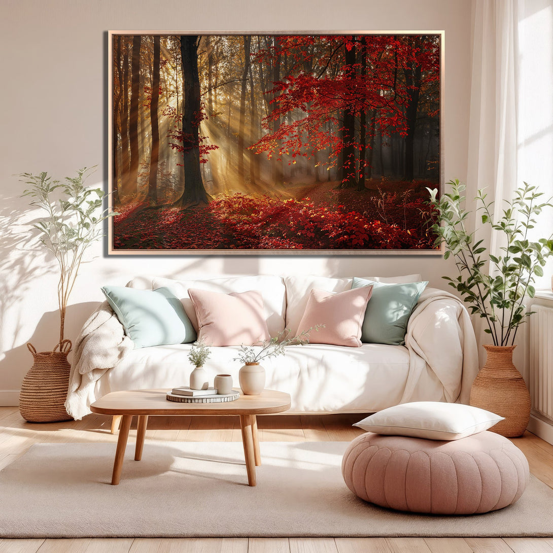 Framed Wall Art: Stunning autumn forest scene in warm reds and golds. Perfect for adding a touch of nature and cozy vibes to your living room. Shop now!