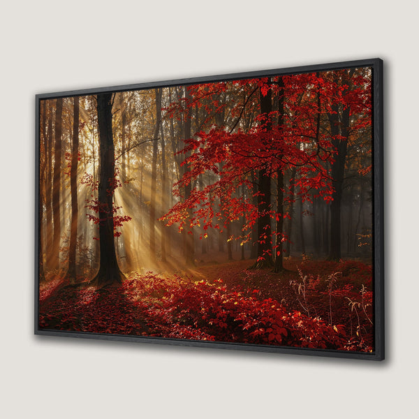 Framed Wall Art: Stunning autumn forest scene in vibrant red and gold hues. Bring nature's beauty indoors with this captivating Canvas Print!