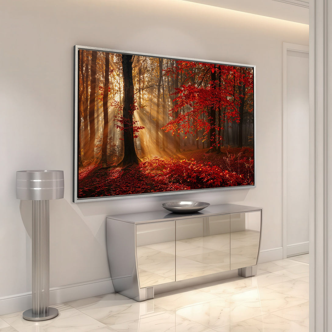 Framed Wall Art: Stunning autumn forest scene in warm red and gold tones. Enhance your home with this vibrant Canvas Print.