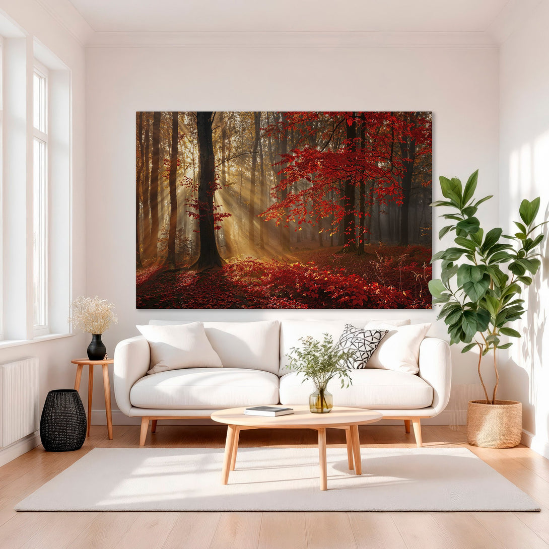 Framed Wall Art: Stunning forest scene with vibrant red and gold hues. Add warmth and style to your space with this beautiful Canvas Print.