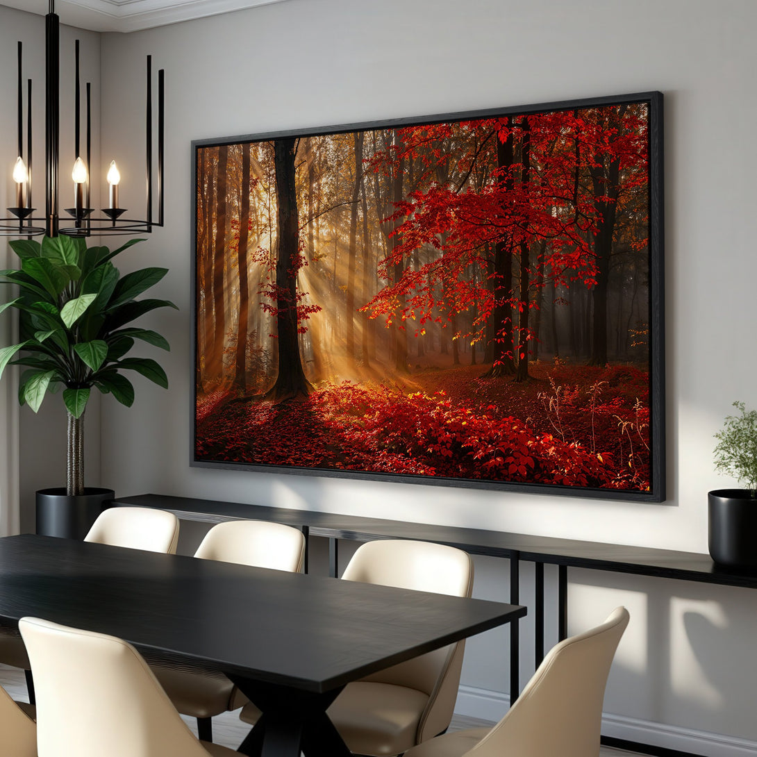 Framed Wall Art: Stunning forest scene with vibrant red and gold autumn leaves. Perfect for adding warmth and nature to your home decor. Shop now!