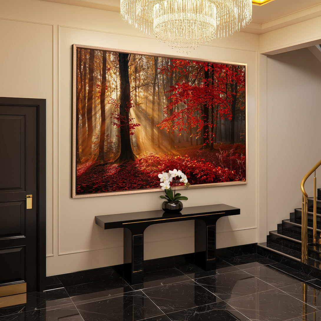 Framed Wall Art: Stunning forest scene Canvas Print with vibrant red and gold hues. Perfect for adding a touch of nature-inspired elegance to your home.