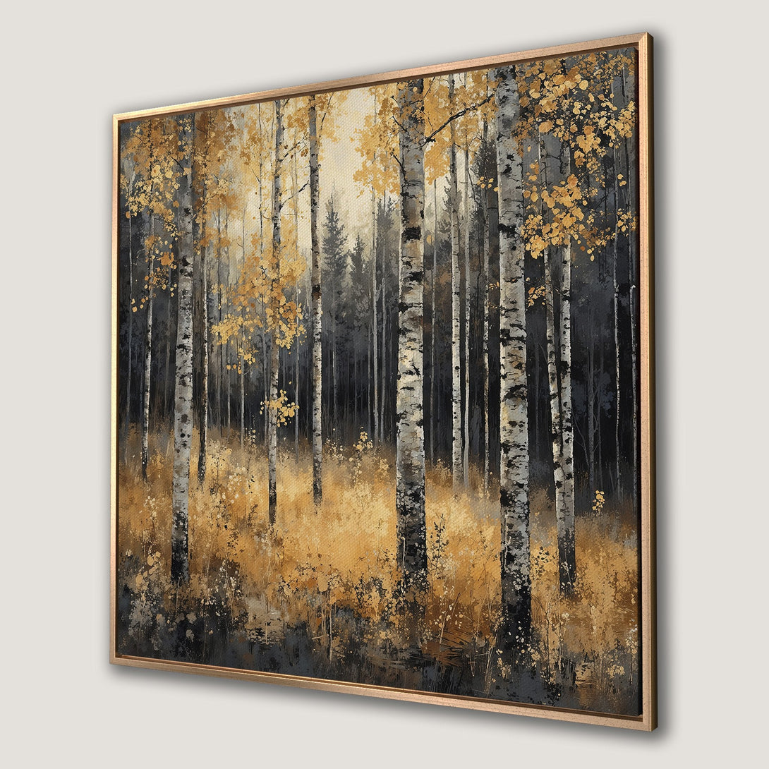 Framed Wall Art featuring a serene forest scene in gold and gray tones. Perfect for adding a touch of nature-inspired art to your home decor.