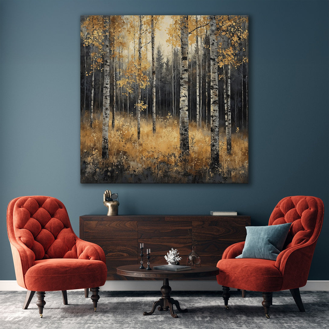 Framed Wall Art: Abstract forest scene in gold, black, and gray tones. Modern art canvas print for living room decor.