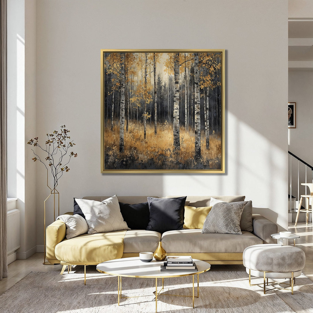 Canvas Print of a birch tree forest artwork in a modern interior. Features a warm gold and grey color palette, perfect for adding a touch of nature.