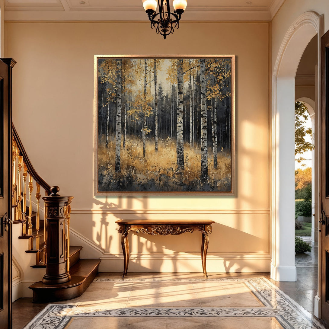 Framed Wall Art: Elegant forest scene in gold, gray, and black. Modern art adds sophistication to any space. Elevate your home decor with this stunning piece.