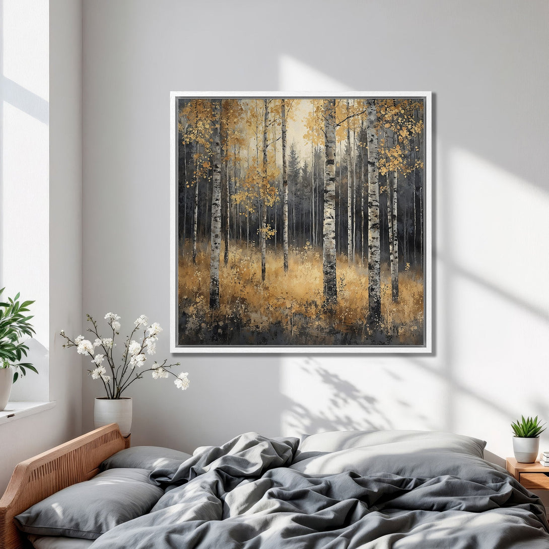 Framed Wall Art: Forest scene canvas print with gold and gray color palette. Perfect for bedroom decor. Shop our nature-inspired art today!