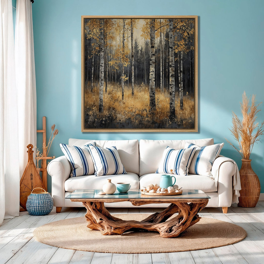 Framed Wall Art: Stunning forest scene in gold and black tones. Perfect for adding a touch of nature-inspired elegance to your living room. Shop now!