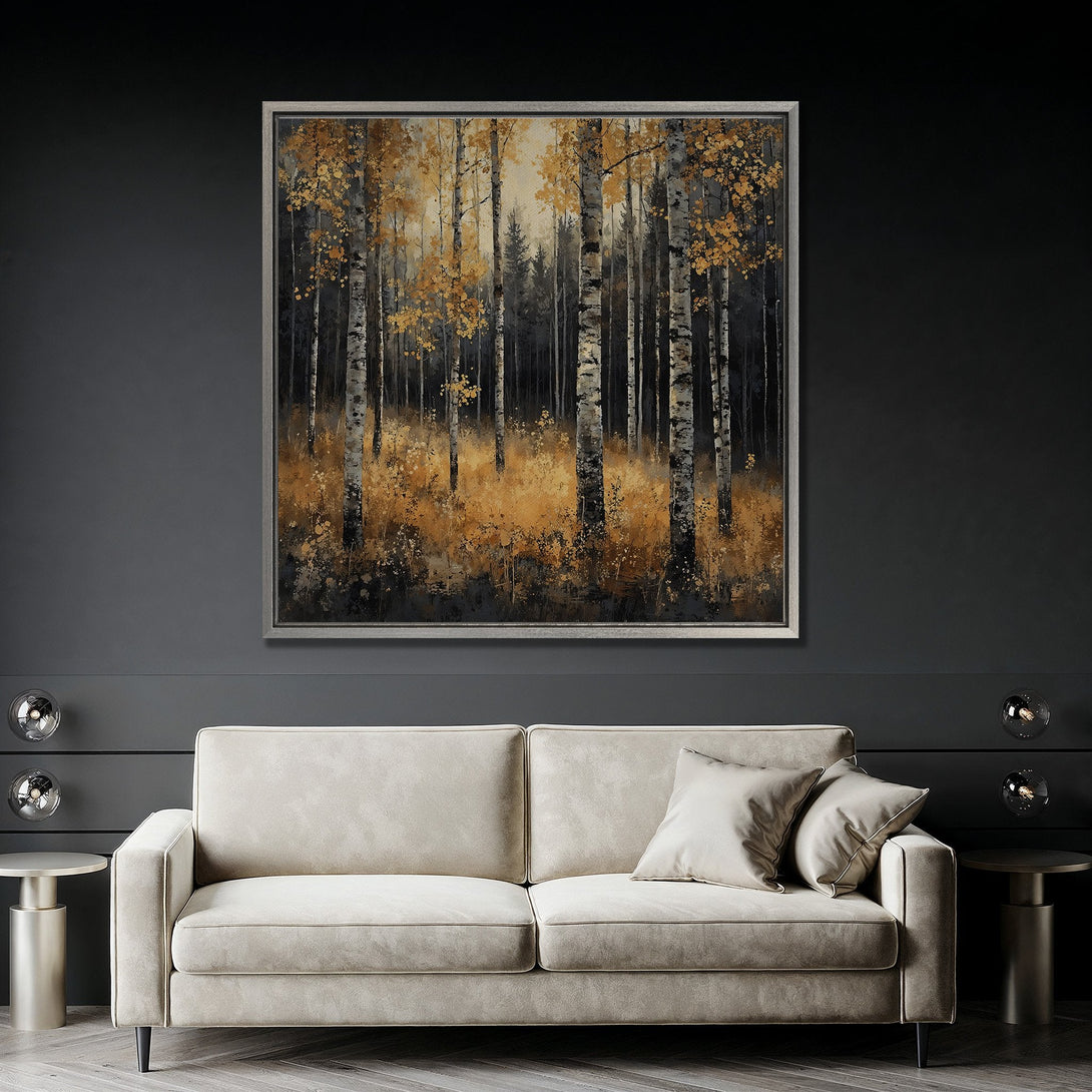 Framed Wall Art: Abstract forest scene in gold and black tones. Modern canvas print adds a touch of nature to any interior. Shop now!