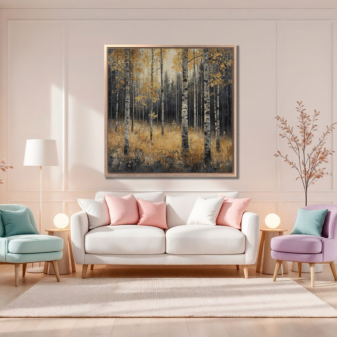 Framed Wall Art: Forest scene in gold and gray tones. Modern Canvas Print adds warmth to a living room with a neutral color palette.