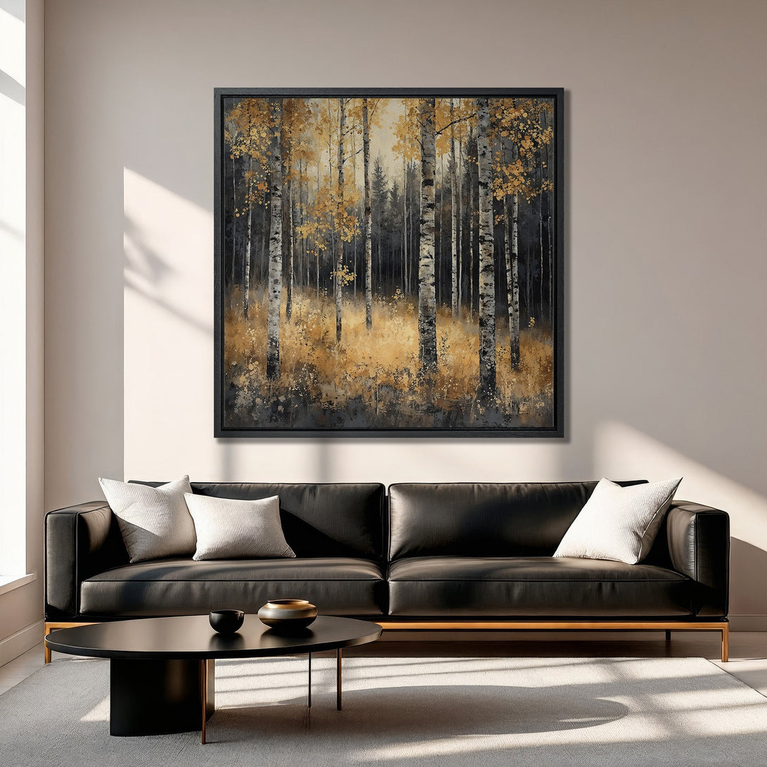 Framed Wall Art: Stunning forest scene Canvas Print with gold and grey tones. Perfect for adding a touch of nature and elegance to your living space. Shop now!