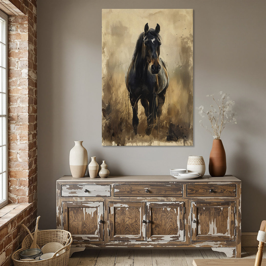 Framed Wall Art of a majestic horse in a warm, neutral color palette. Perfect for adding rustic elegance to your dining room decor.