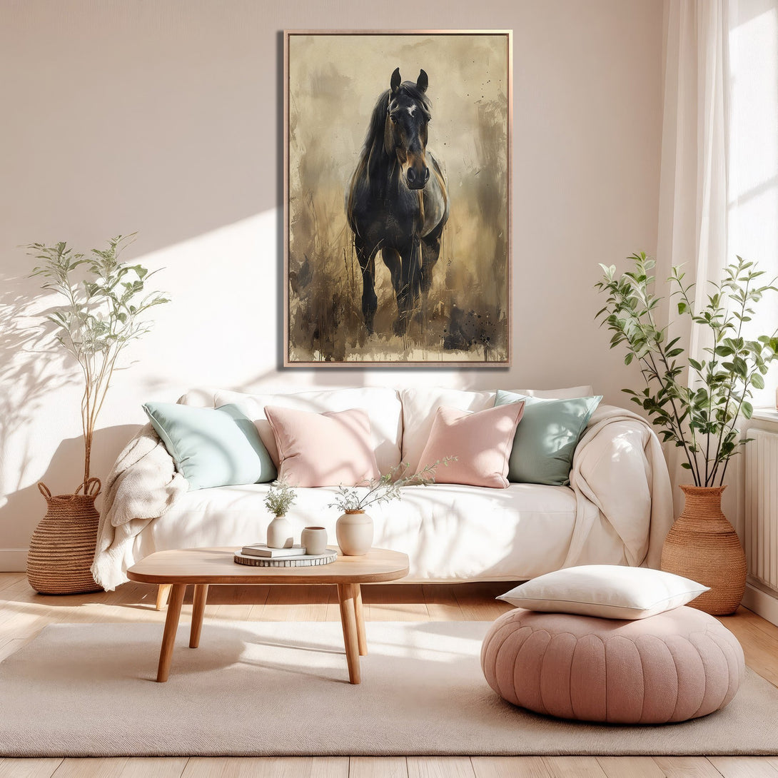 Framed Wall Art featuring a majestic black horse in a watercolor style, with a warm, neutral color palette, perfect for home decor.