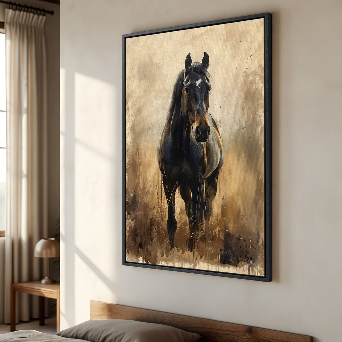 Framed Wall Art: Stunning horse portrait in warm, earthy tones. Abstract style Canvas Print adds elegance to any space. Shop now for unique wall decor!