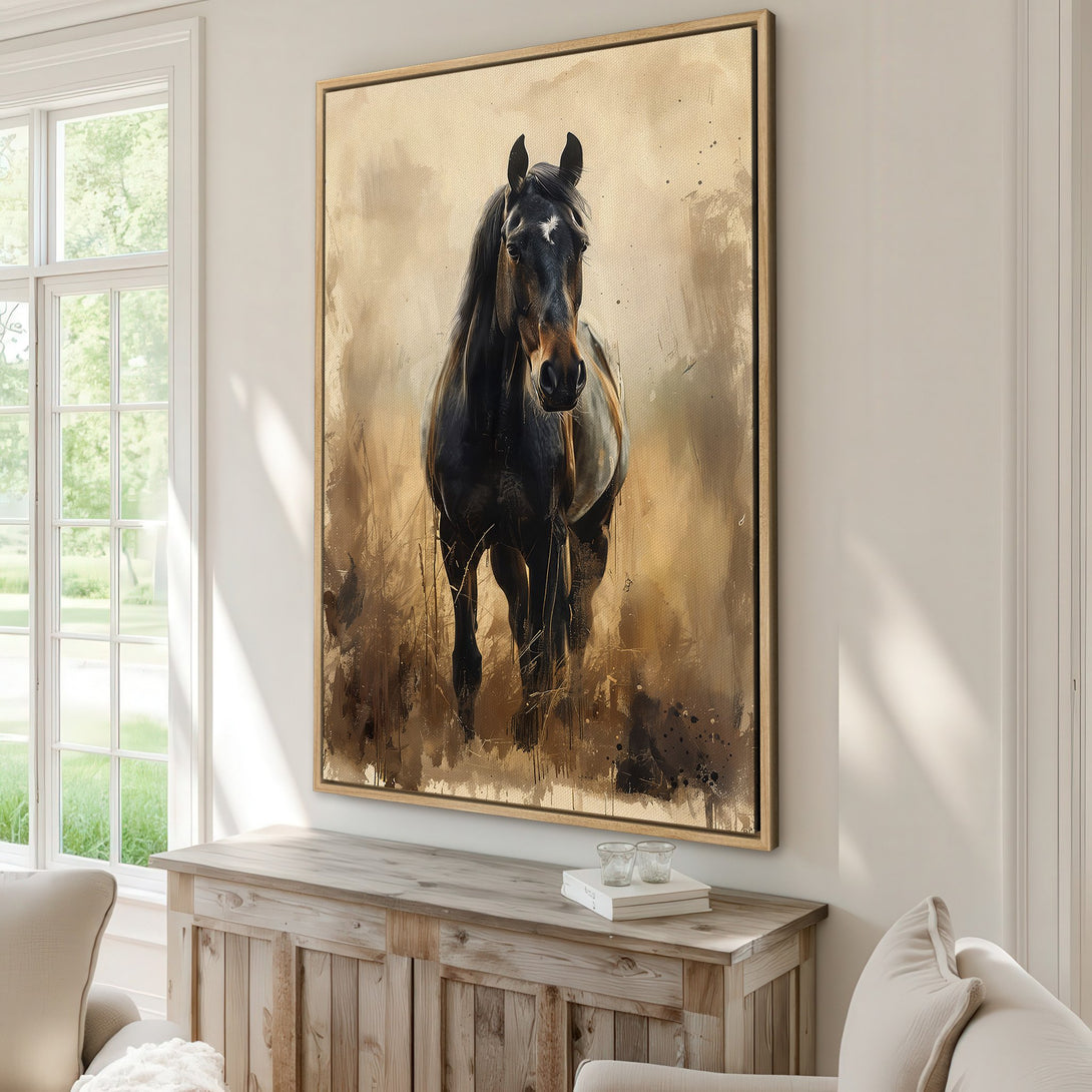 Framed Wall Art: Stunning horse painting in warm neutral tones. Rustic style canvas print adds elegance to any interior. Shop now for unique wall decor!