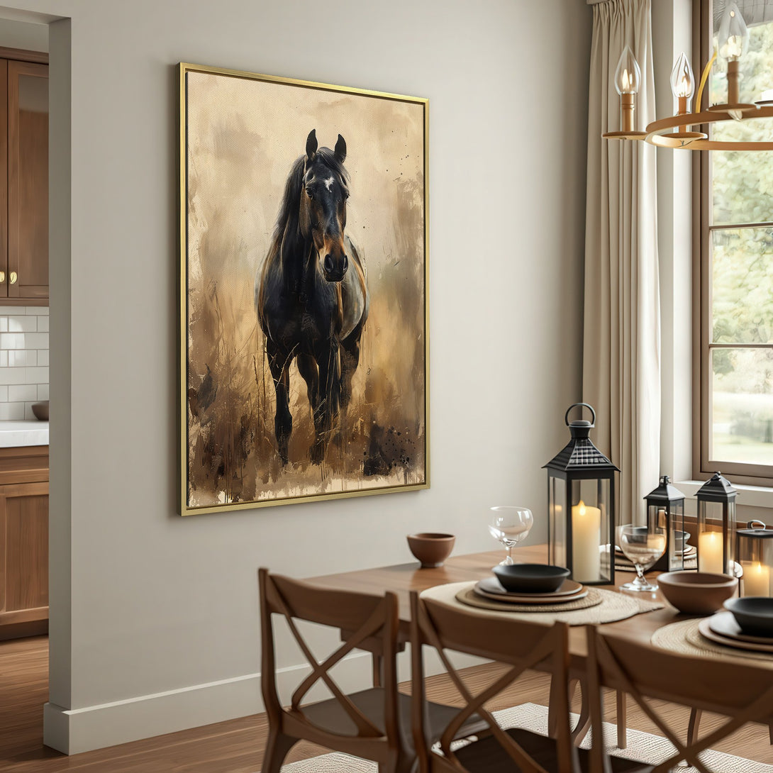 Canvas Print of a majestic black horse in a warm, neutral color palette. Rustic art for a cozy interior.