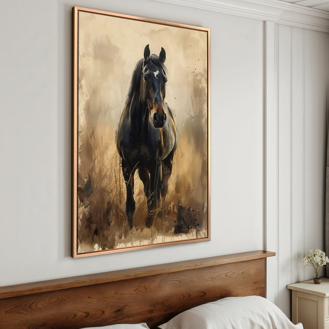 Framed Wall Art: Stunning horse painting in neutral tones. Rustic style canvas print adds warmth and elegance to any space. Shop now!