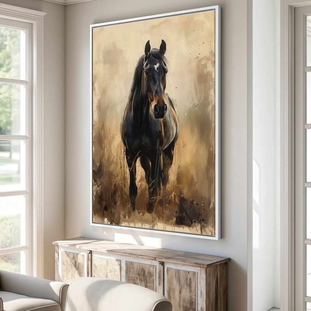 Framed Wall Art: Majestic horse canvas print in warm earth tones. Elevate your home decor with this stunning artwork. Shop now for a touch of elegance!