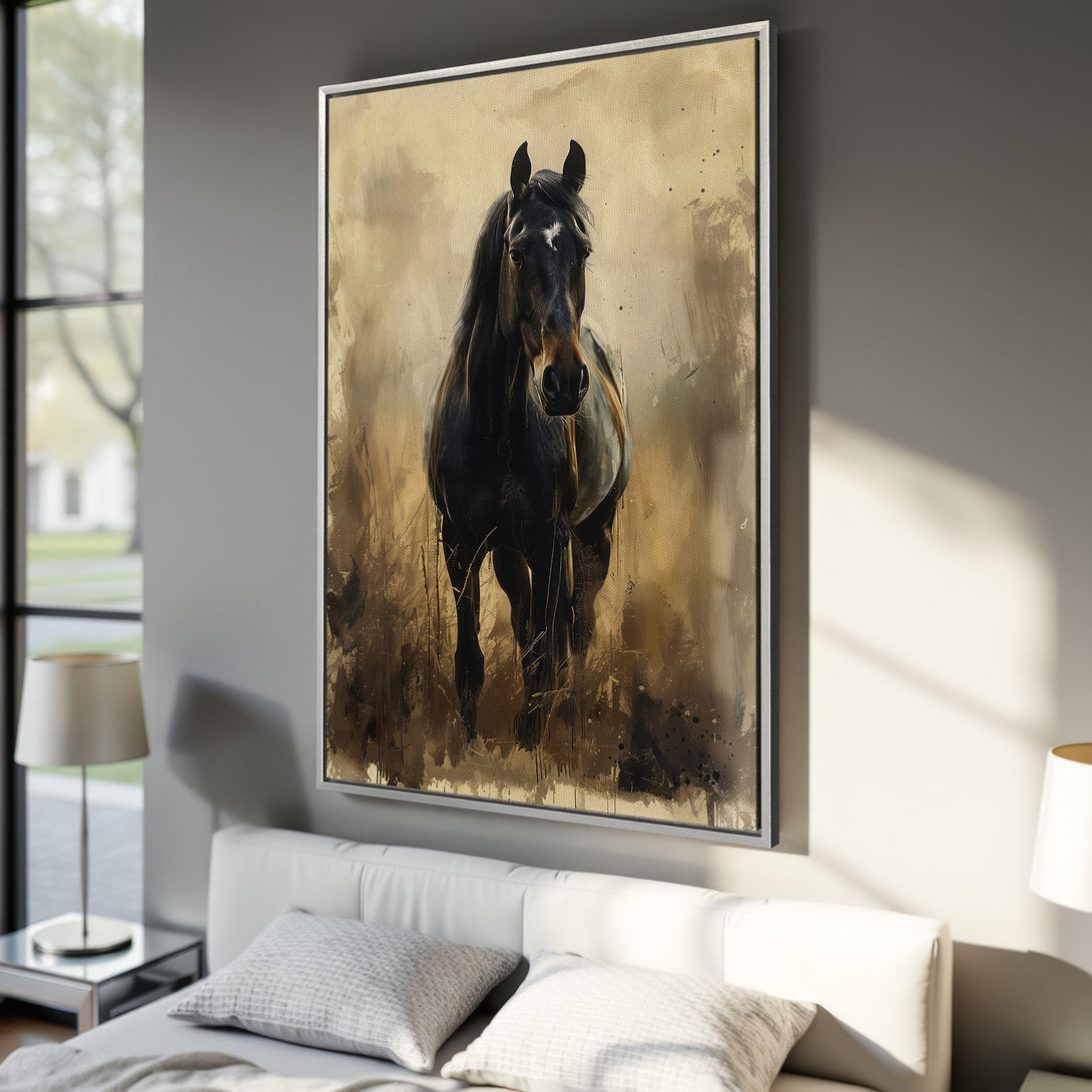 Framed Wall Art: Majestic black horse canvas print in warm, earthy tones. Rustic, painterly style with a neutral color palette. Perfect for bedroom decor.