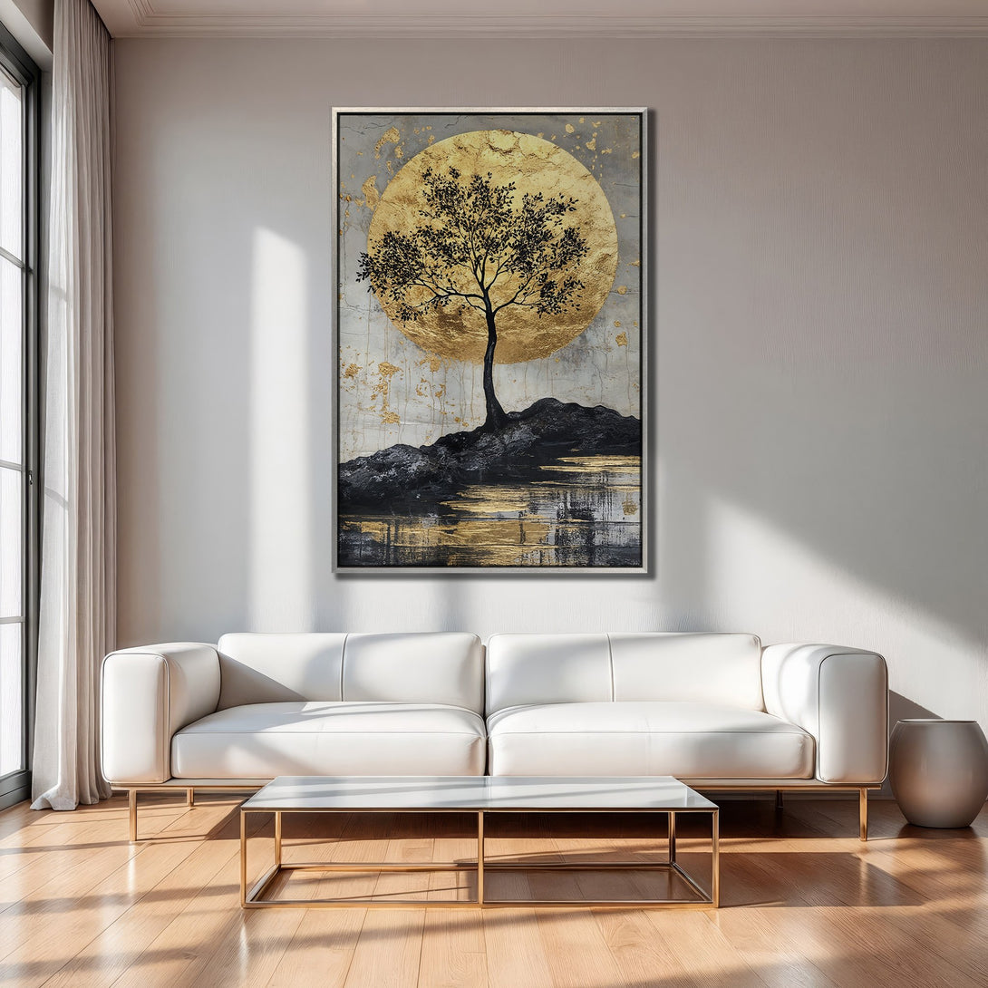 Framed Wall Art: Abstract tree art in gold, black, and gray tones. Modern Canvas Print adds elegance to living room decor.