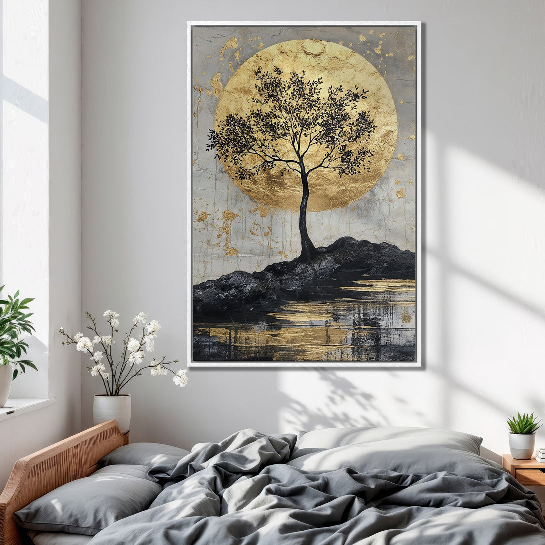 Framed Wall Art featuring a tree silhouette against a gold and grey background. Modern abstract style with a calming color palette. Perfect bedroom decor.