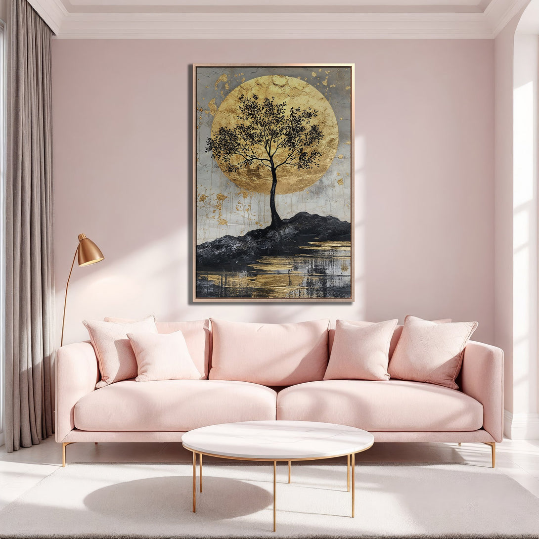 Framed Wall Art: Abstract tree painting with gold and black accents. Modern art in a blush pink living room. Enhance your space with stylish wall decor!