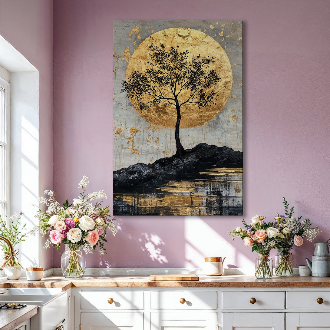 Framed Wall Art: Abstract tree art with gold accents, black and gold color palette, displayed in a modern living room. Elevate your space!