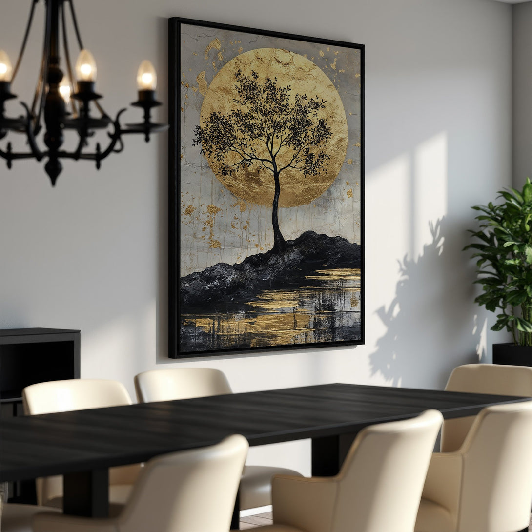 Framed Wall Art: Abstract tree art in gold and black. Adds a touch of elegance to any dining room. Modern, minimalist style.