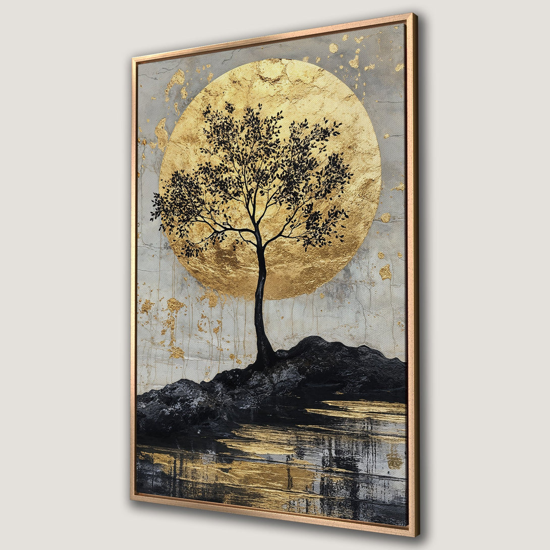 Framed Wall Art: Abstract tree silhouette with gold accents on a textured background. Elegant black, gold, and gray color palette. Perfect for modern home decor.
