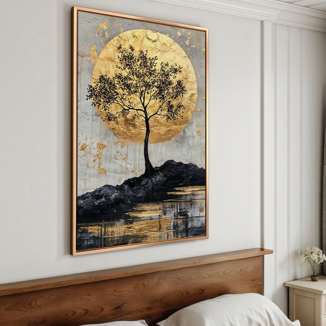 Framed Wall Art: Abstract tree art with gold accents. Modern canvas print in black, gold, and gray color palette. Perfect for bedroom decor.