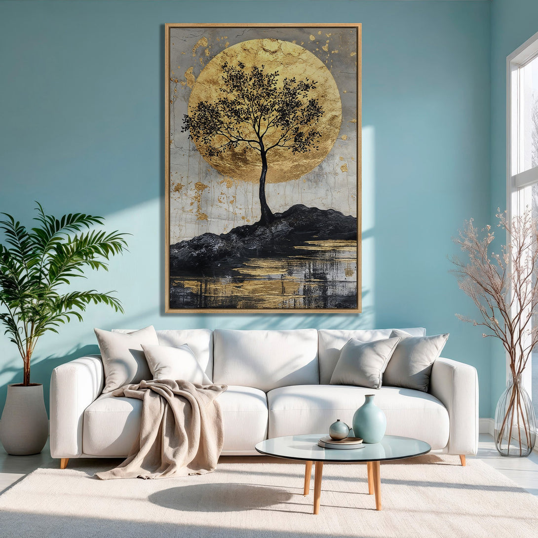 Framed Wall Art: Abstract tree painting with gold accents. Modern style, black, gold, and gray color palette. Perfect for living room decor.