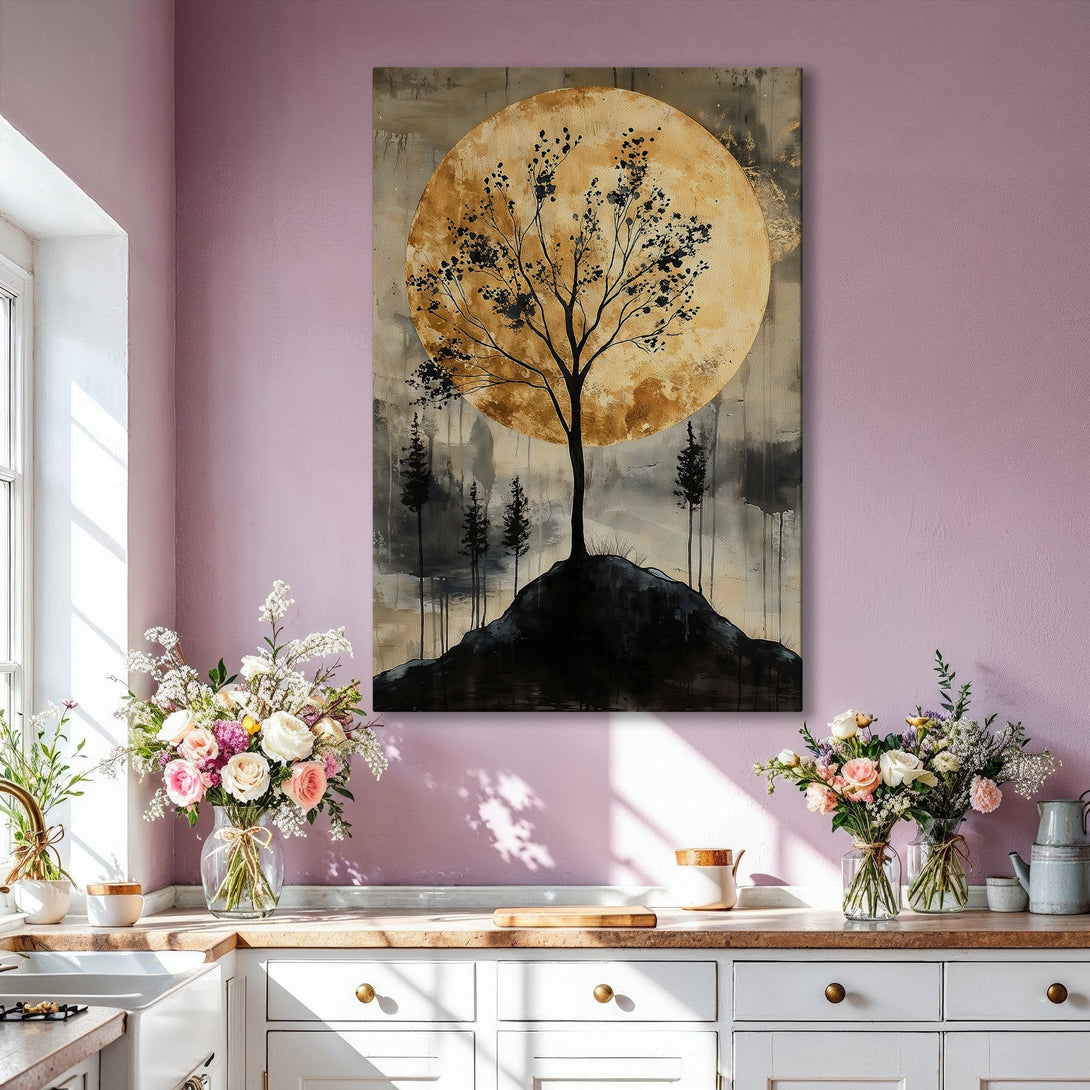 Framed Wall Art: Abstract tree art in gold and black, displayed in a modern living room. Neutral color palette with a touch of elegance. Perfect home decor!