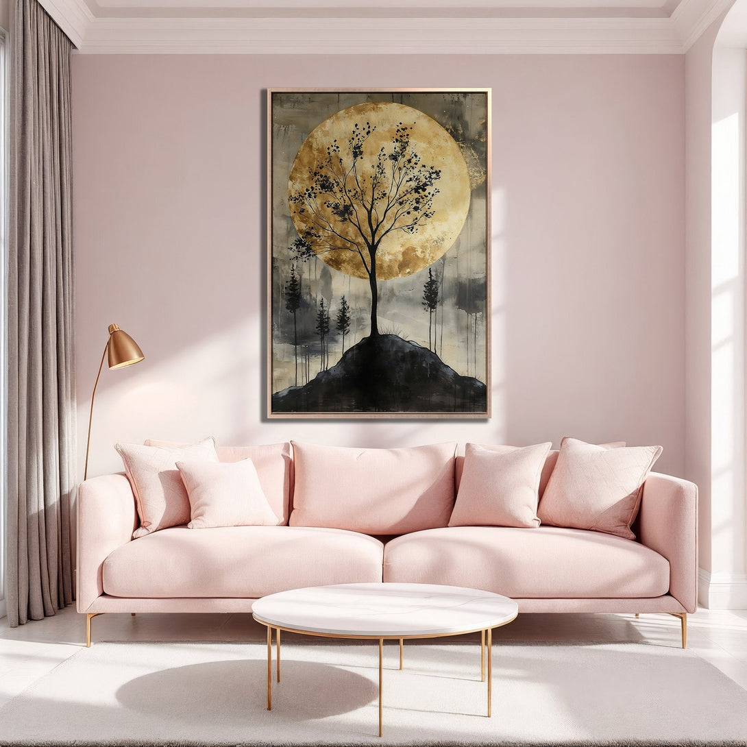 Framed Wall Art: Abstract tree art with a golden moon. Modern style in a blush pink and gold color palette, perfect for living room decor.